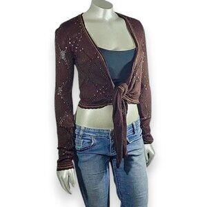 Vintage Cache Cropped Brown Sequin Y2K Sweater Shrug Metallic Knit Tie Medium